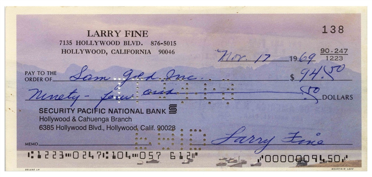 Larry Fine Check Signed, Dated 17 November 1969 -- Very Good to Near Fine Condition